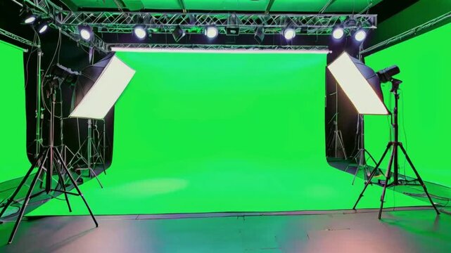 A green screen studio set up with lighting equipment, including a large green screen, tripods, and lights..