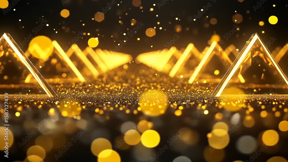 Poster golden pyramids illuminated by soft lights on a glittering surface, creating a magical atmosphere