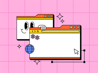 Two browser windows with smiling faces, playful hands, sparkles, and internet icons in cartoon hand drawn illustration for web design, digital communication