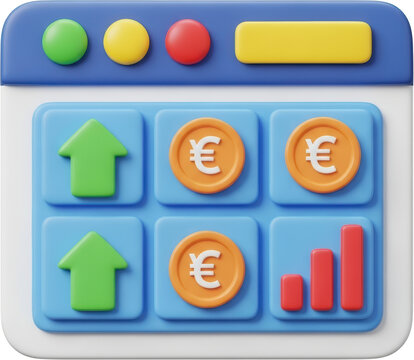 3D rendering of a digital interface displaying financial growth icons and currency symbols transparent background