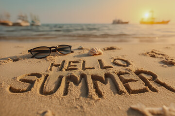 Hello Summer Written in Wet Sand with Sunglasses and Shell under Pastel Sky – Vibrant and Playful Summer Vibe for Travel or Lifestyle Marketing