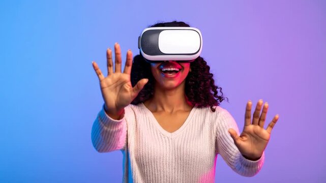 VR Experience: Woman Interacting with Digital World