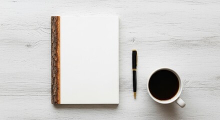 A cozy morning scene with a cup of coffee on a wooden desk, next to a blank notebook, ready for work or notes