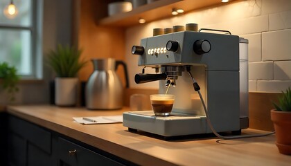 Fototapeta premium Espresso machine brews a rich cup in a cozy kitchen, with natural light accentuating the modern appliance and surrounding decor.