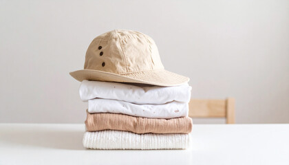 Pile of knitted and cotton baby clothes.