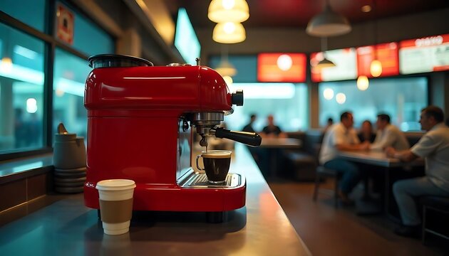 A vibrant red espresso machine prepares rich coffee in a bustling cafe setting, offering a warm, inviting ambiance
