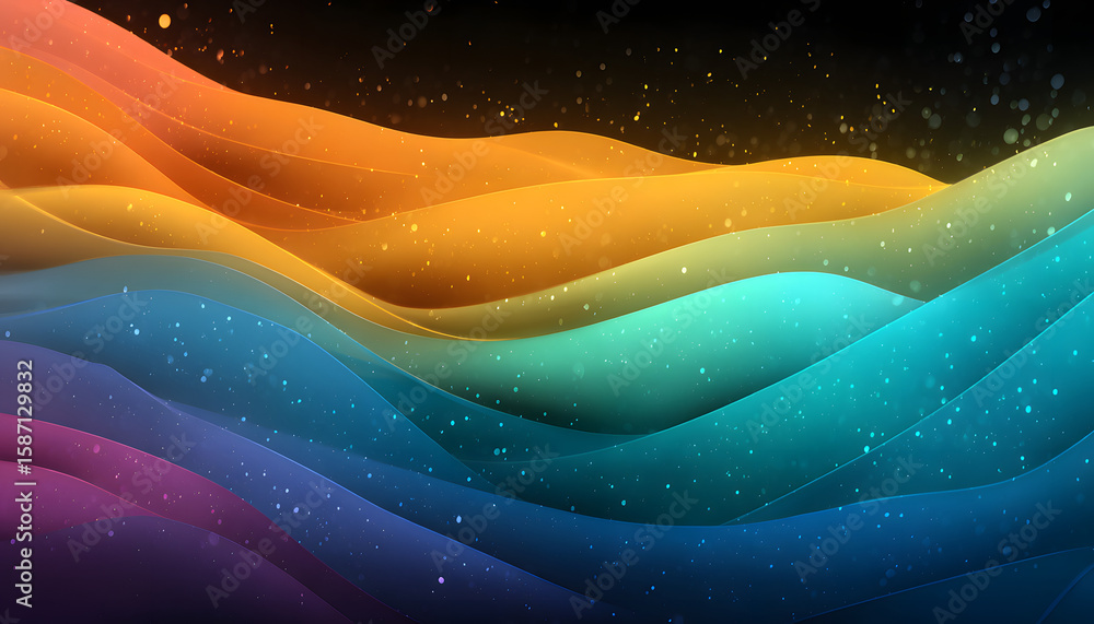 Poster bright gradient background it has a small grainy surface. abstract shapes black background colorful 