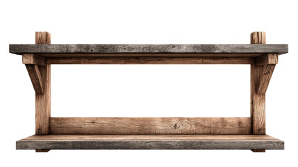 Rustic empty wooden shelf features wood grain texture isolated on transparent background.

