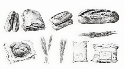 Hand drawn illustrations of various baked goods and wheat.
