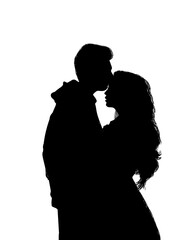 Silhouette couple bride and groom on wedding day vector illustration. Just married love couple, newlyweds, romantic moment.