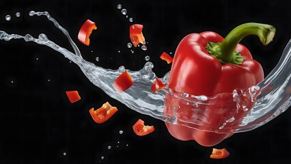 A red bell pepper with green stem surrounded by water splash and pepper slices on black background