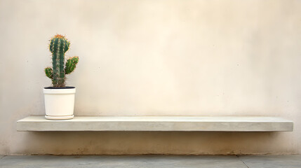 A minimalist scene features a tall, green cactus in a white pot, placed on a concrete shelf against a light wall.
