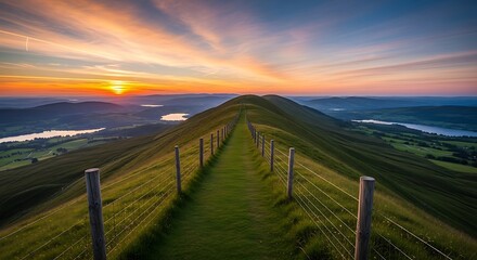 Sunset Hike, Scenic Hills, Outdoor Adventure, Nature Landscape, Calm Environment, Panoramic View, Serenity