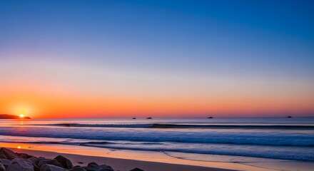 Serene Sunrise Seascape Ocean, Beach, and Horizon at Dawn
