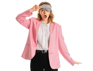 Funny shocked businesswoman with sleeping mask isolated on white background
