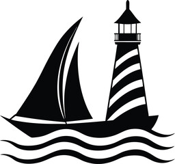 Sailboat and Lighthouse Vector Silhouette
