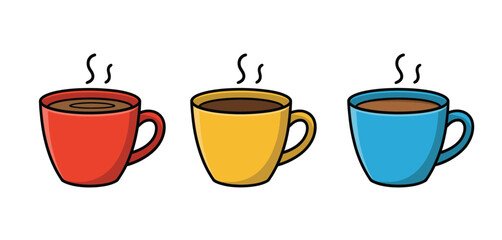 Three steaming cups of coffee in red yellow and blue on a white background
