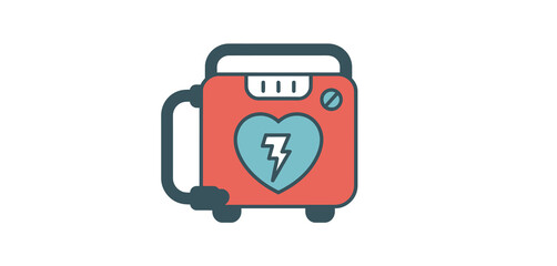 Flat design icon of a portable defibrillator with a heart and lightning bolt symbol