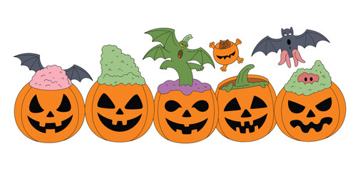 Five carved halloween pumpkins with spooky decorations and cartoon characters