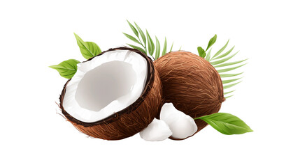 Coconuts with green leaves appear with white pieces and brown shell on a transparent background.