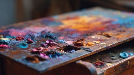 Wooden artist palette with vibrant colors and textures for art concept