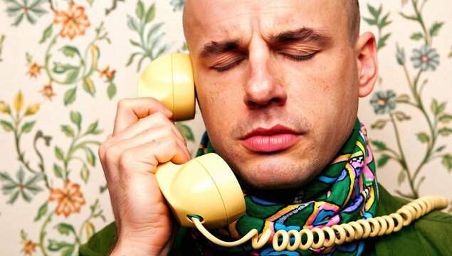 Bald Man Using Retro Rotary Telephone