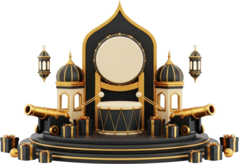 Islamic celebration stage with drum cannons lanterns domes and gifts isolate