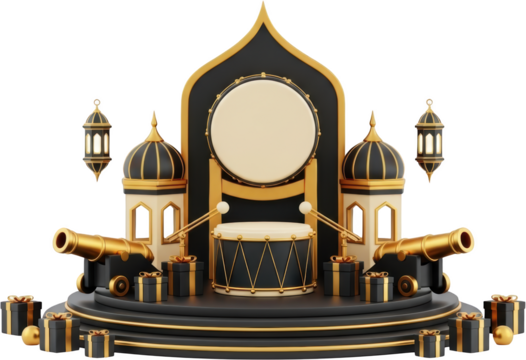 Islamic celebration stage with drum cannons lanterns domes and gifts isolate