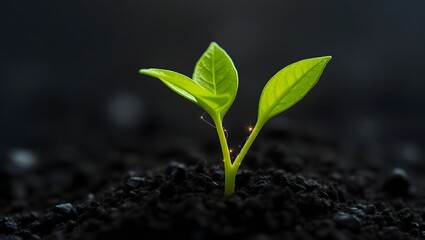 Fototapeta premium A small green plant seedling growing from dark soil against a dark background in a close up view