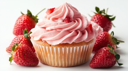 Strawberry cupcake, pink frosting, white background, fresh fruit, dessert