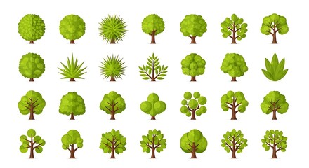 Collection of Lush Green Trees Diverse Foliage, Simple Icons, Nature Graphics