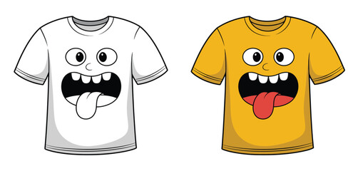 Two tshirts with funny monster faces one black and white and one yellow