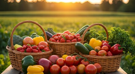 Abundant Harvest: Fresh Vegetables and Fruits in Wicker Baskets at Sunset