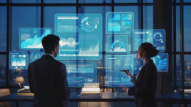 Business professionals collaborate using holographic interface, analyzing data and charts for strategy and growth, inside modern office at night. - Powered by Adobe