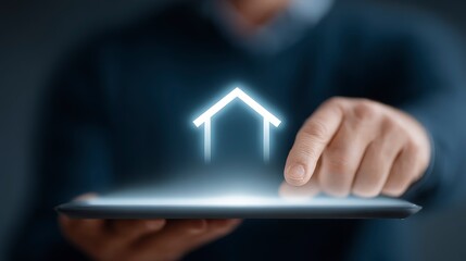 Person using tablet with holographic house projection symbolizing smart home technology, augmented reality, and digital real estate innovation