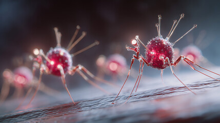 3D rendered Illustration of a anatomically correct group of bacteriophage viruses attacking a bacteria 
