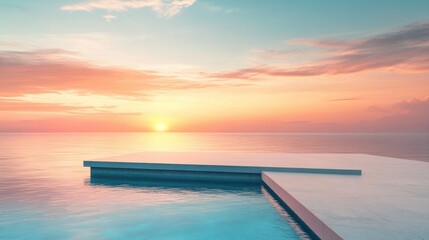 Naklejka na ściany i meble Podium stand in luxury swimming pool water with sea and sunset view. Summer background of tropical design product placement display. Hotel resort poolside backdrop.