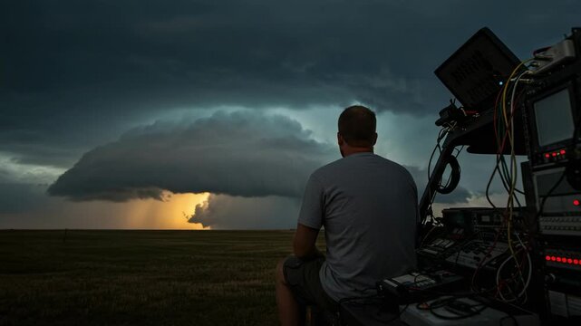 Storm chaser with professional equipment watches a dramatic supercell thunderstorm develop over a rural field at sunset.
