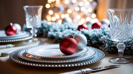 A close-up, warm-toned shot of a festive Christmas table setting, featuring elegant white plates adorned with silver trim