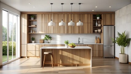Minimalist kitchen interior design with white cabinets and wooden countertops in neutral tones, modern furnishing concept with natural lighting and details. 3D Rendering 