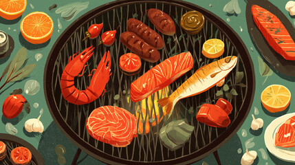 Grilled food on barbecue grill illustration