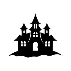 Silhouette a spooky haunted house with multiple towers windows Halloween