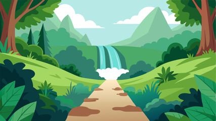 The path leads to a hidden waterfall nestled in a secluded corner of the countryside surrounded by lush vegetation.