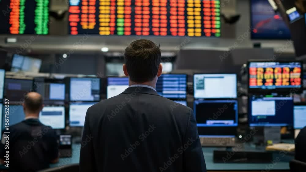 Aufkleber male stockbroker from behind watching financial data on computer screens. trader analyzing stock mar
