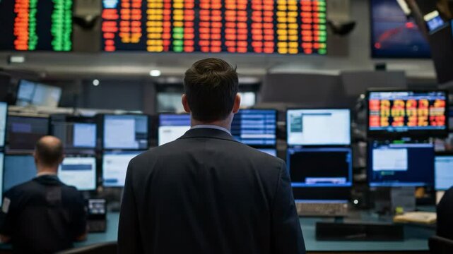 Male stockbroker from behind watching financial data on computer screens. Trader analyzing stock market tickers on a busy trading floor. Investment and business concept.