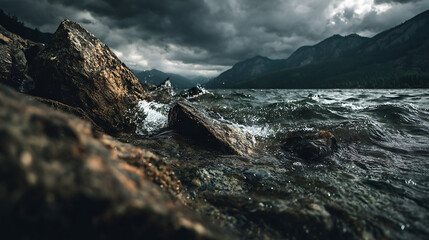 Dramatic Tectonic Lake Storm Scene With Waves And Rocks Suitable For Weather Or Wilderness Visuals