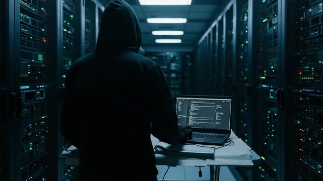 Anonymous hooded hacker working on a laptop in a dark data center. Cybersecurity specialist committing a cybercrime in a server room.
