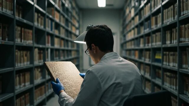 A male researcher or historian carefully examines an ancient inscribed tablet in a vast library archive. A scholar studies history.
