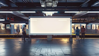 Nighttime urban street scene featuring a brightly lit, blank billboard at a station. The surroundings include illuminated signs, wet reflective pavement, and a few pedestrians.