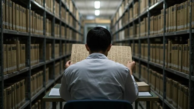 A male researcher from behind, studying an ancient cuneiform tablet in a vast library archive. Scholar examining historical artifacts and ancient scripts.